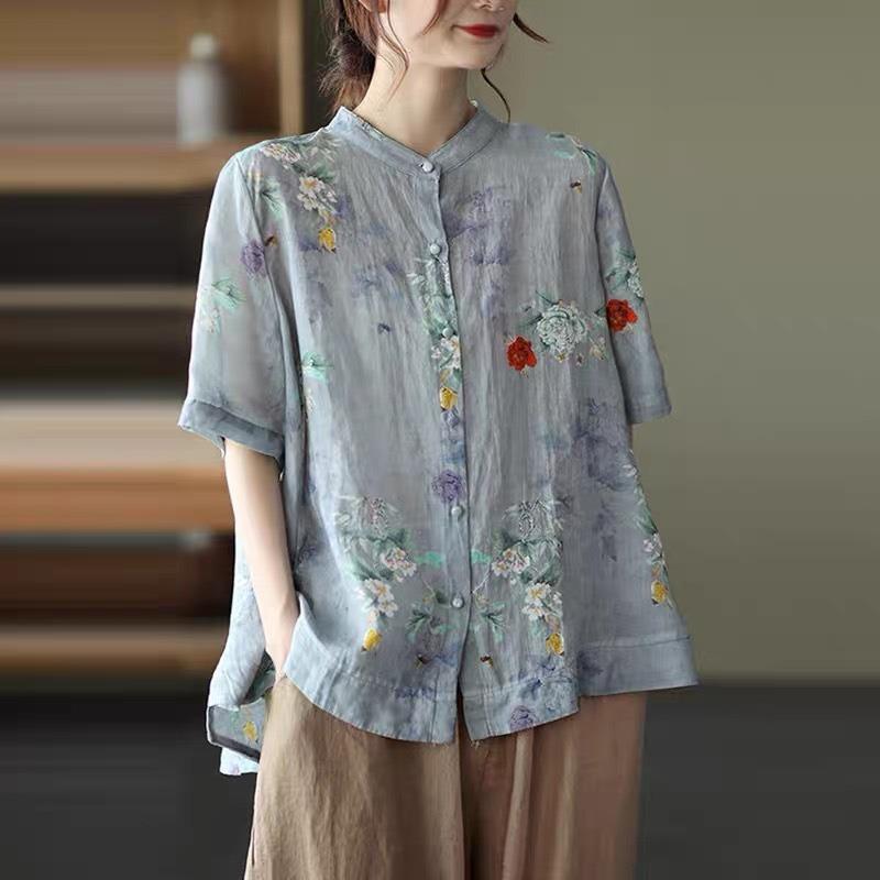 Summer Japanese and Korean Printed Cotton and Linen Blouse Ladies Loose Temperament Shirt Short-sleeved Shirt