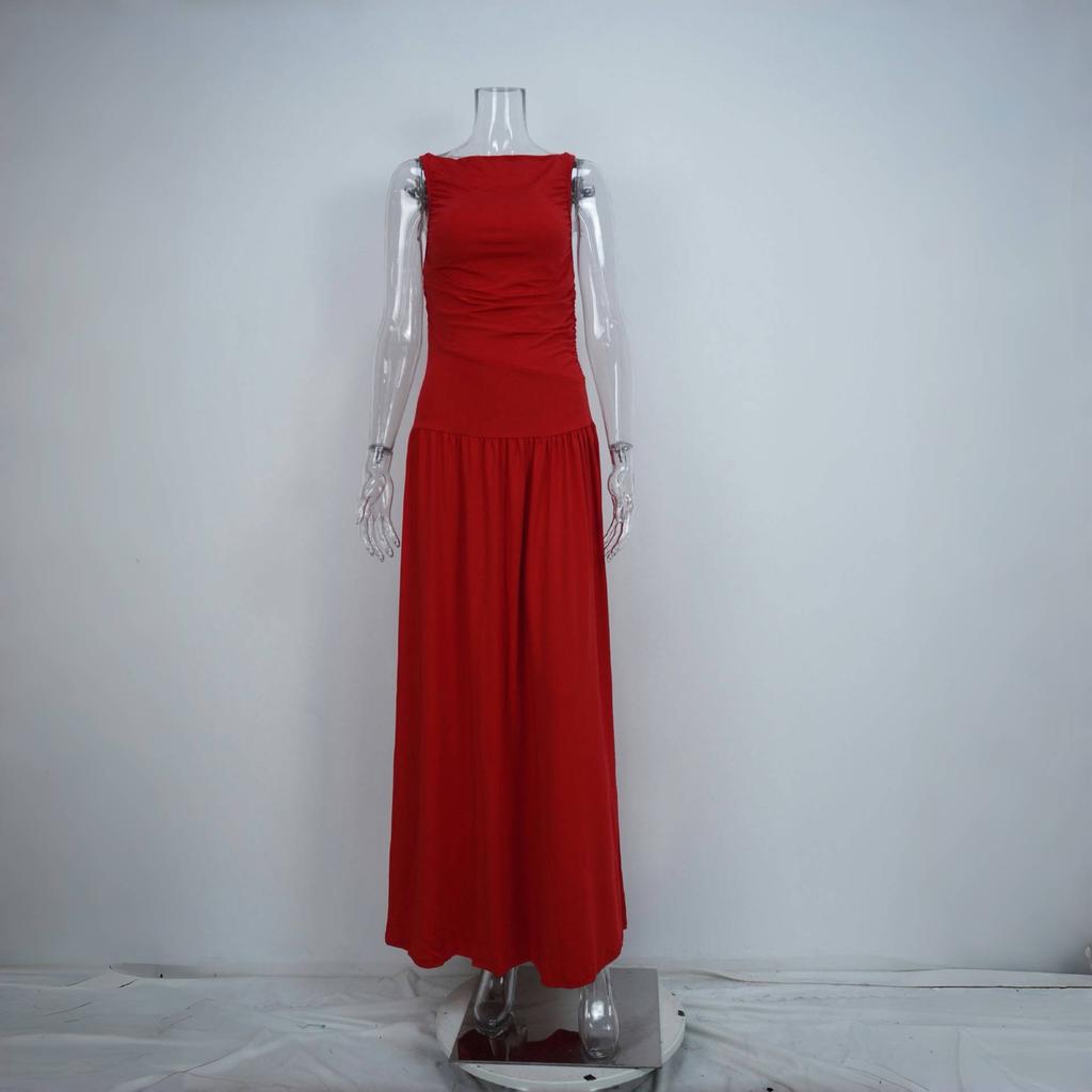 LYRIA Elegant Sleeveless Maxi Dress for Women Fashion Solid Boat Neck Tank Dresses Ladies Sexy Ruched Long Dress New Gown