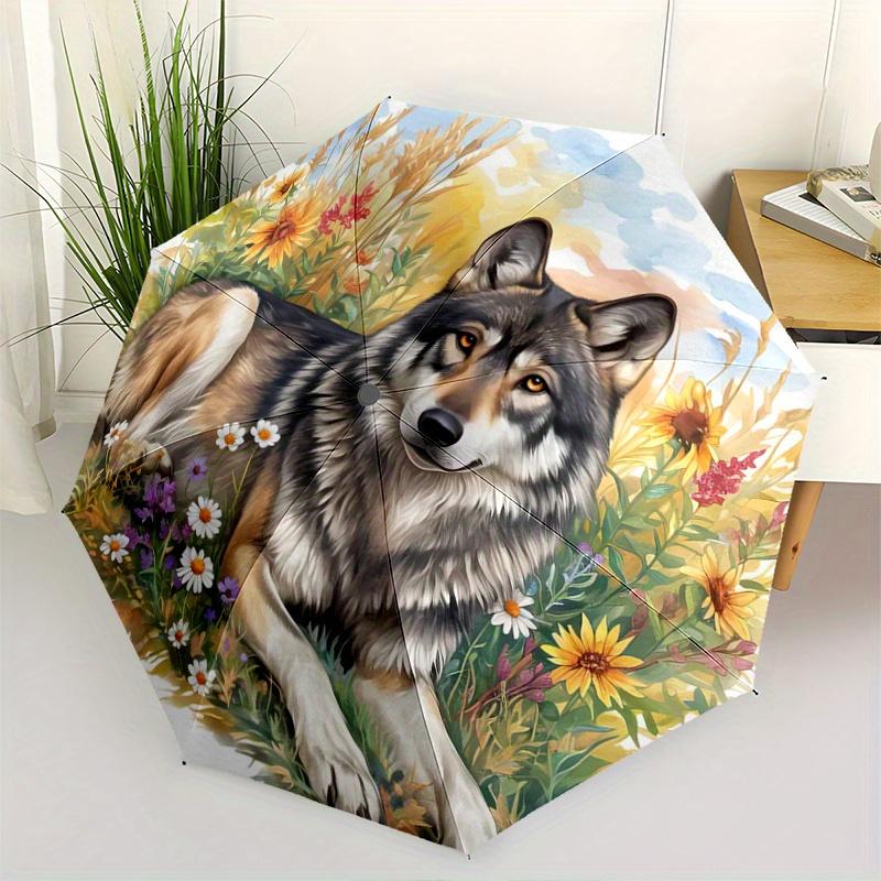 1 Stück Wolfs Friedliche Ruhe inmitten der Fülle der Natur Automatischer Faltregenschirm - 3-fach faltbares Design, Lebhaftes Cartoon-Muster, Geeignet für Outdoor-Aktivitäten