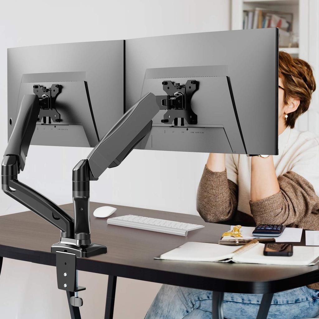 WALI Dual Monitor Stand Arm for Two Adjustable Gas Spring Desk Mount with Swivel Mounting Holes and Grommet Base To 32 Lbs Black Mount, Monitors,