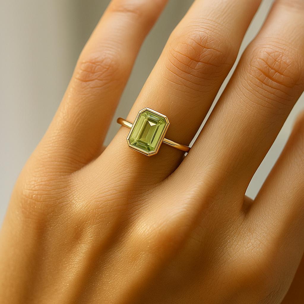 Emerald Cut Green Peridot Stone Gold Plated Ring for Women – Elegant Fashion Jewelry