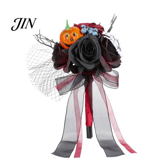 Spooky Wedding Bouquet Gothic Bride Bouquet, Artificial Black Red Rose Flower Party Floral Centerpiece with Skeleton Hand Pumpkin Skull for
