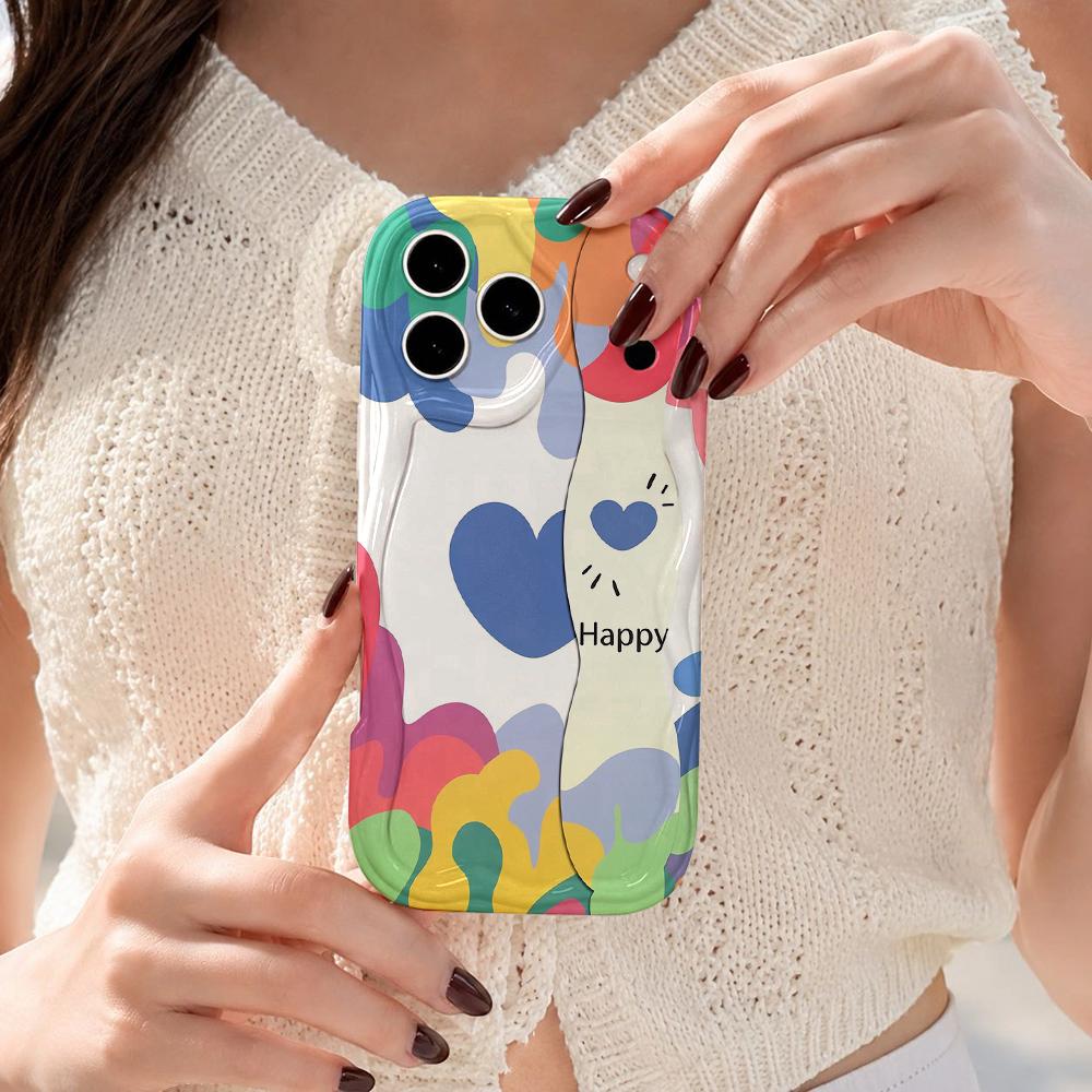 Pastel Abstract Color Block Heart Phone Case For iPhone 17 16 15 14 13 12 11 Pro Max Plus Wavy Edge Cover