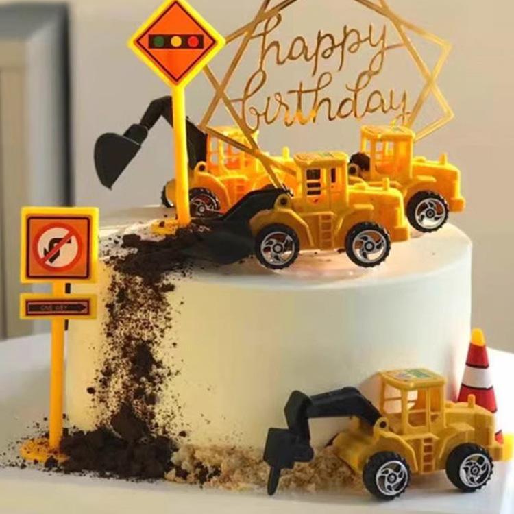 Construction Vehicle Cake Toppers: Excavator, Bulldozer, Roadblock Inserts, Figurines for Boys' Birthday