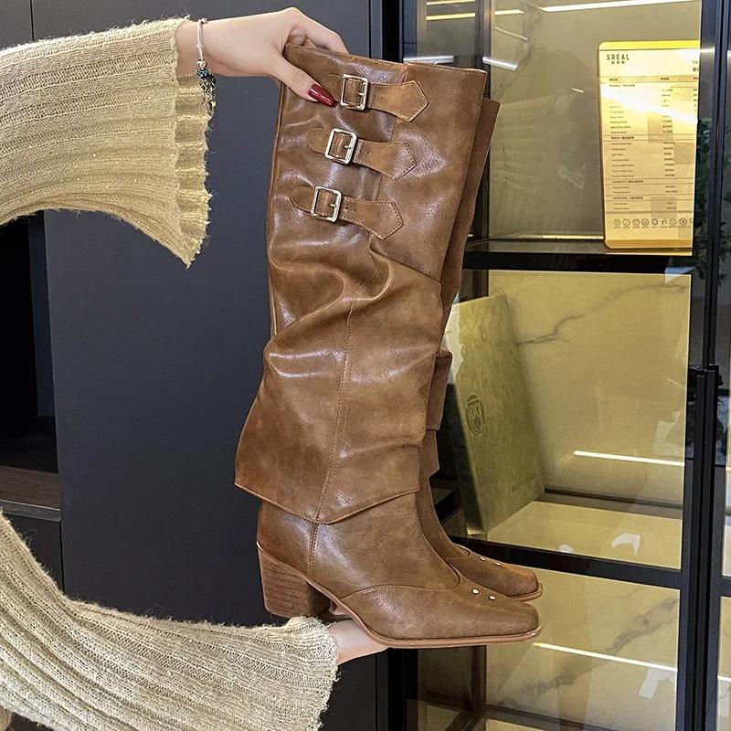 Women Western Cowboy Boots Fashion Pointed Toe Long Booties Ladies Elegant Thick Heel Shoes Winter Removable Women's Footwear