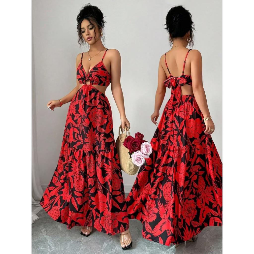 Women's V Neck Cutout Floral Print Maxi Dress Spaghetti Strap Backless Tie Waist Party Dress