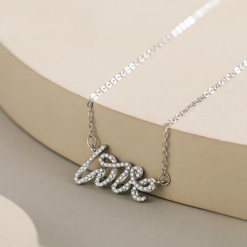 Ailmay Authentic 925 Sterling Silver Elegant Love Letter CZ Pendant Necklace for Women Wedding Engagement Fine Jewelry