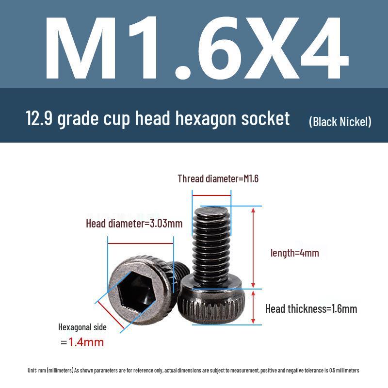 Yigu High-Strength Black Nickel Hex Socket Screw, M1.6-M4, Knurled Cup Head Bolt, 12.9 Grade.