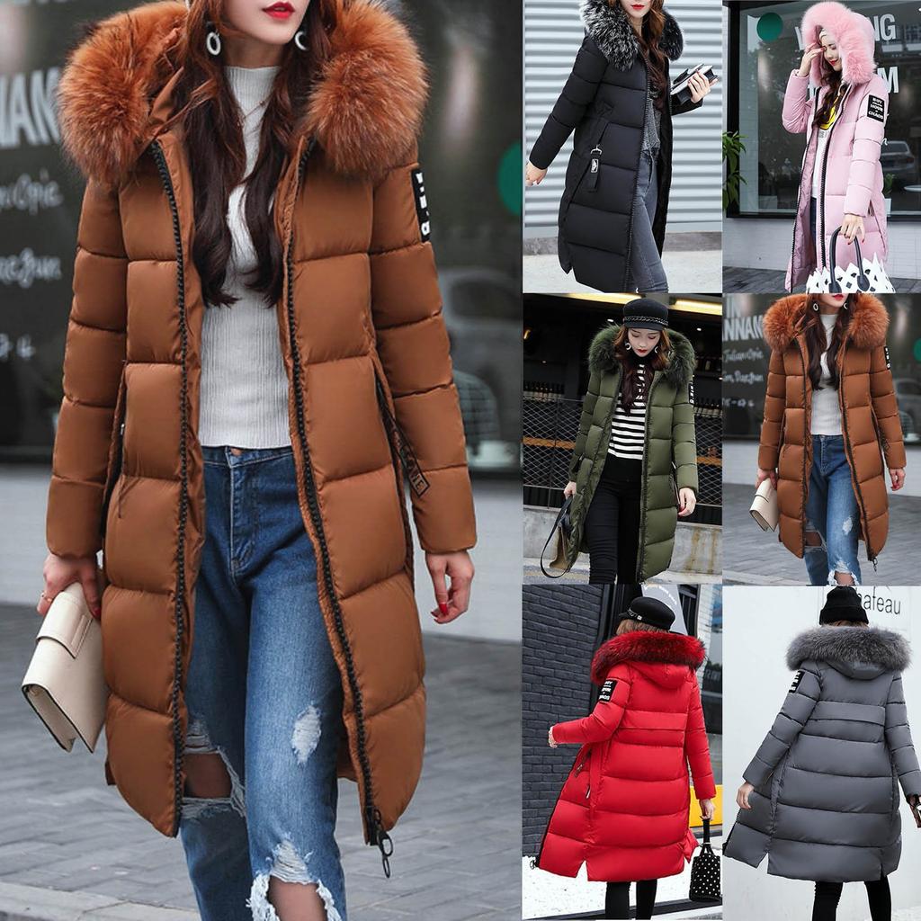 Women's Fashion Big Hair Collar Slim Waist Long Down Cotton Jacket Cotton Coat