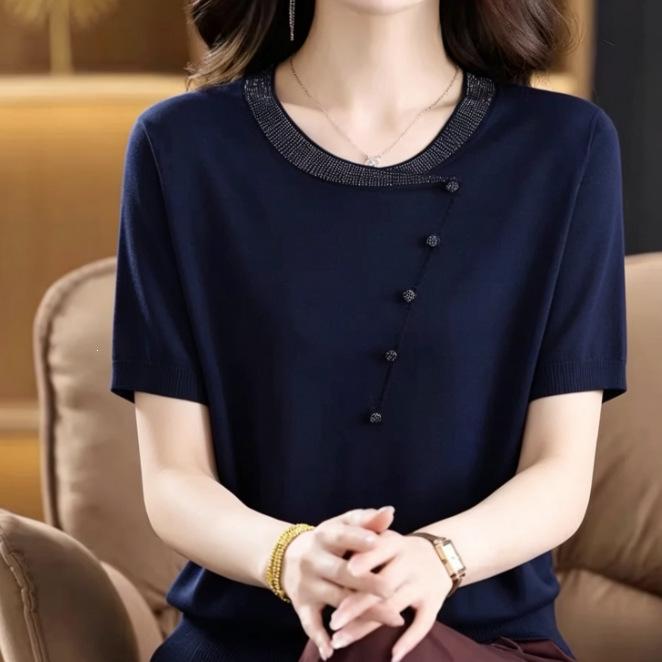 Elegant Women's Dark Blue Lyocell Short Sleeve T-Shirt, 2026 Summer Collection