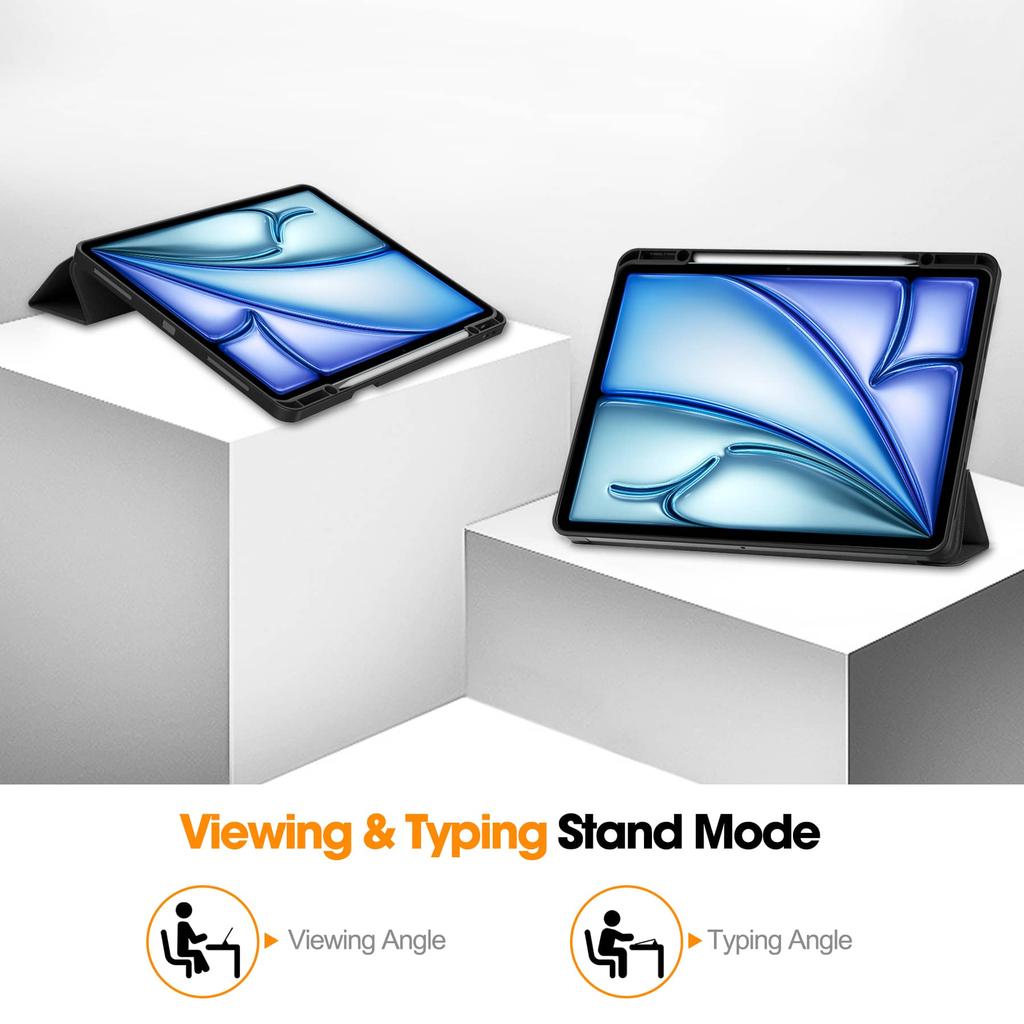 For iPad Air 13 M3 M2 Pro 12.9 2018 with Pencil Holder-[Tri-fold Stand + Auto Wake/Sleep], Premium PU Leather Case Shockproof