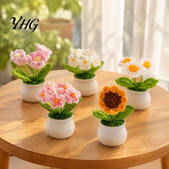 Crochet Flower Decor Handmade Potted Decoration, Knit Artificial Sunflower Desktop Handwoven Woolen Flowers Decor, Gift for Women, Mom, Teacher,