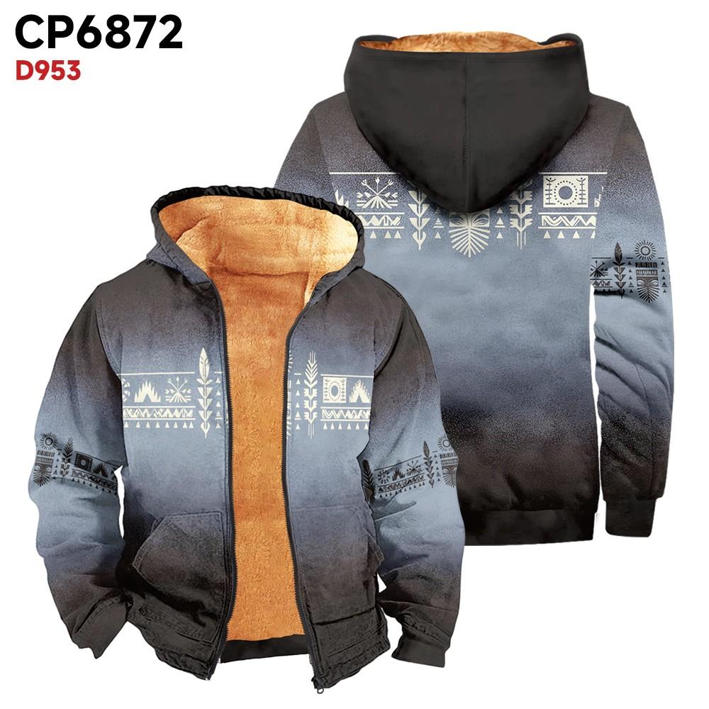 Men's Print Long Sleeve Pocket Coat Fashion Plus Velvet Overcoat