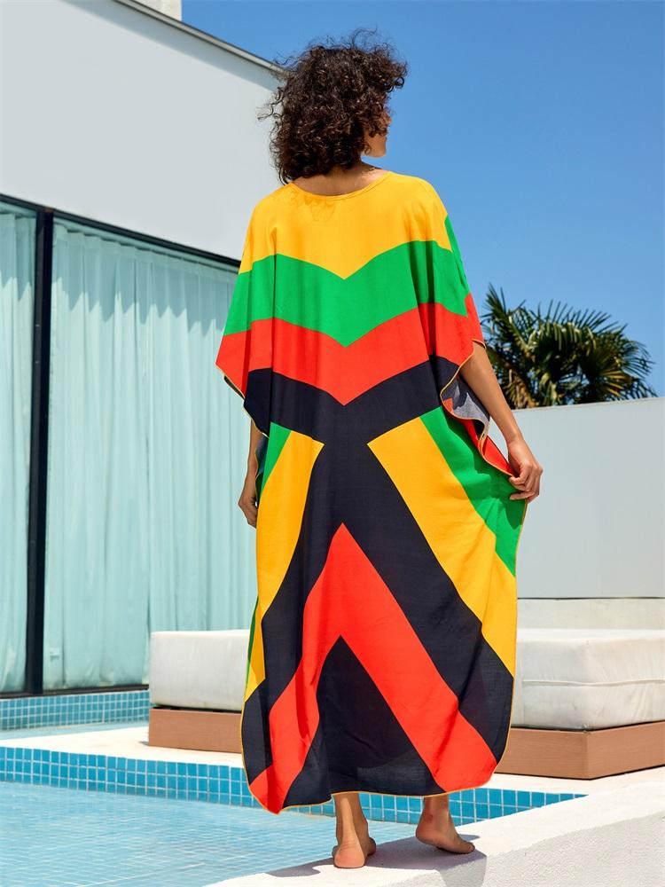 EDOLYNSA 2024 sommer Bunte Patching Sexy V-ausschnitt Batwing Ärmel Lose Maxi Kleid Frauen Kleidung Böhmischen Urlaub Strand Cover-ups Q1618