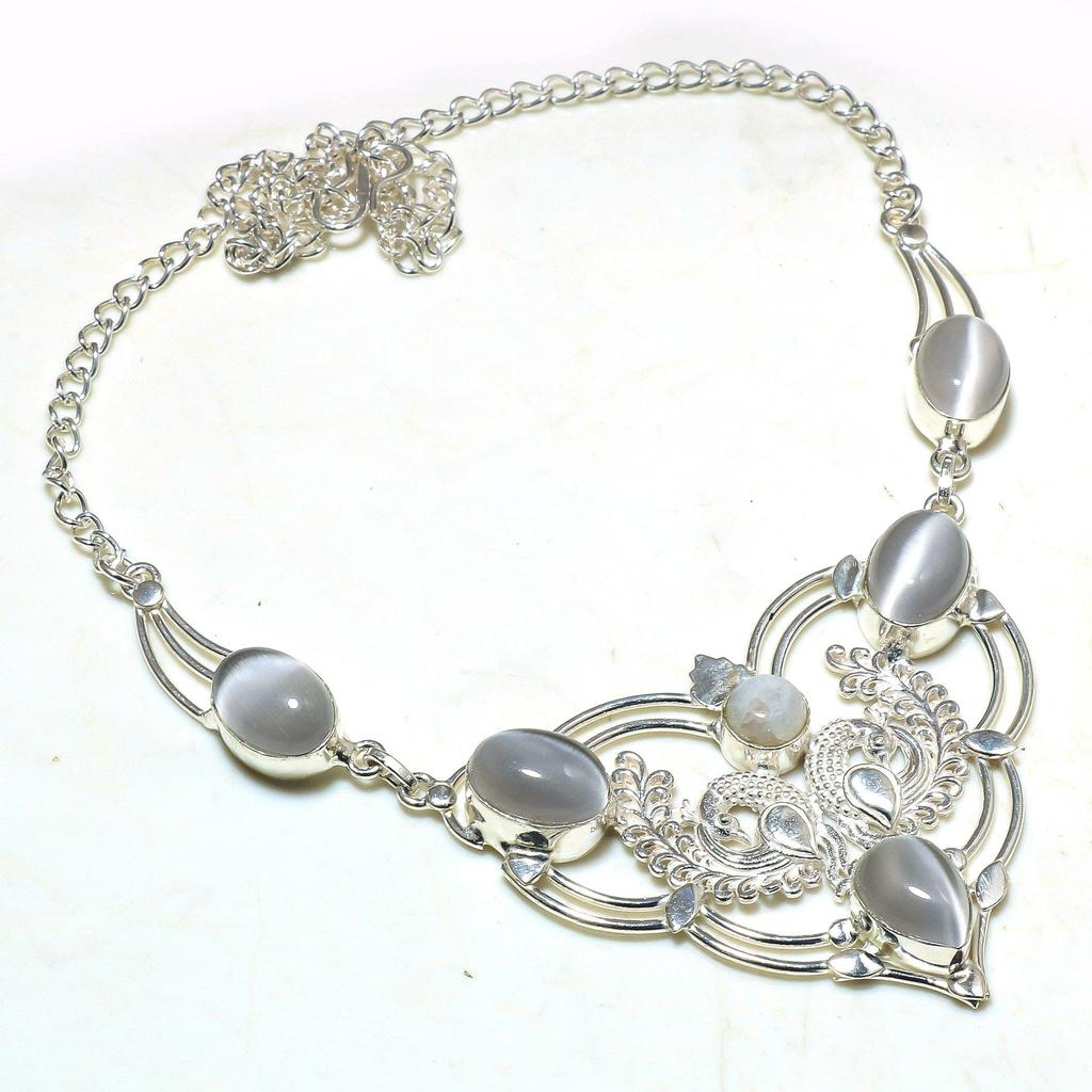 925 Sterling Silver Natural Monalisa Gemstone Handmade Necklace Jewelry Size 18 Inches