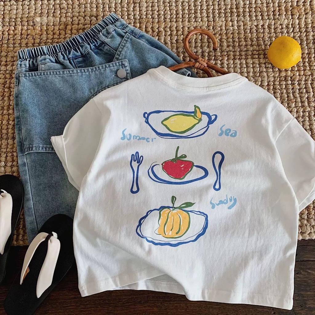 Kids Summer Short Sleeve T Shirt with Cartoon Print Lightweight and Versatile