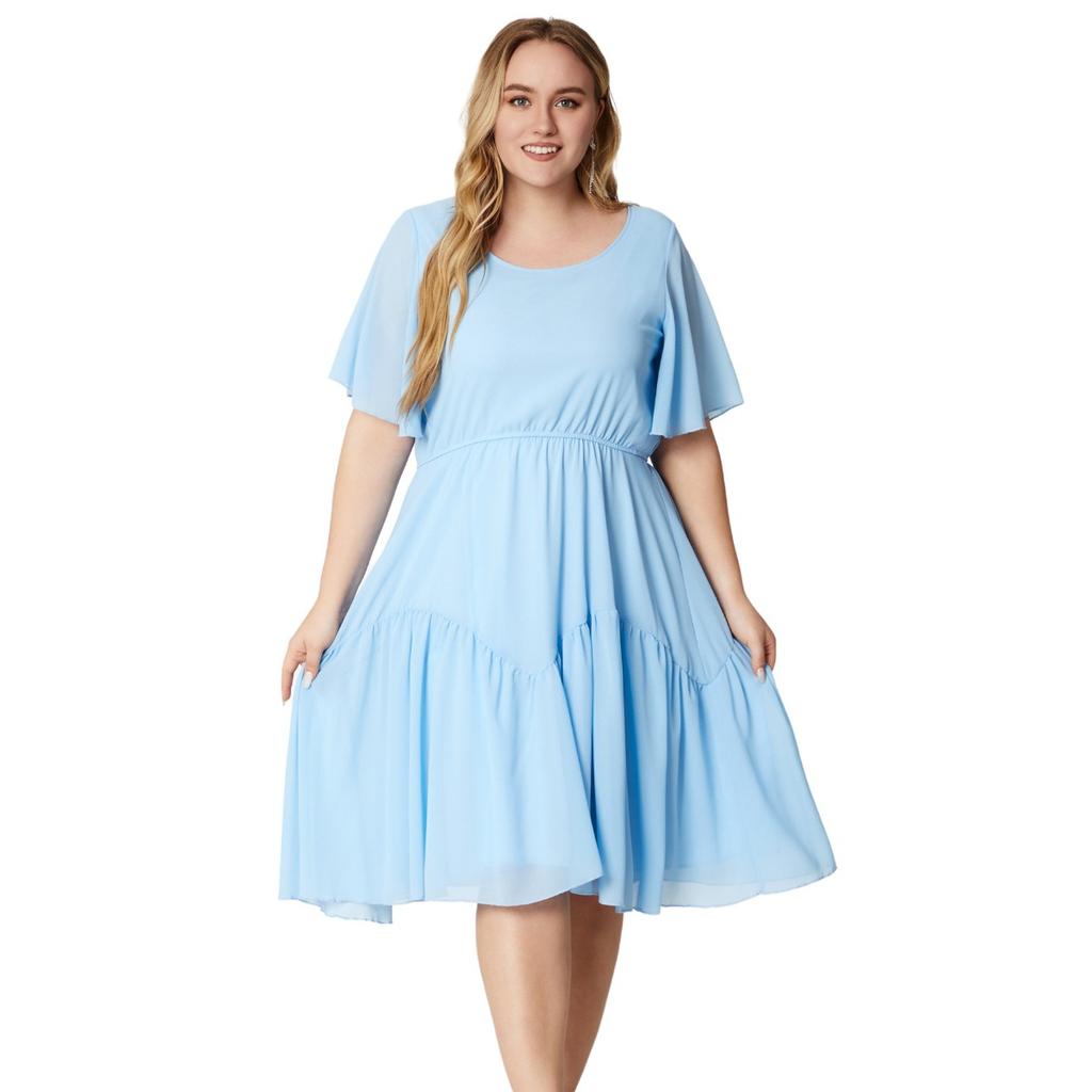 Floral Print Round Neck Short Sleeve Plus Size Dress for Curvy Women