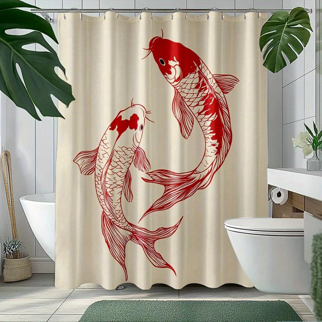 1 Stück Minimalistischer Koi-Fisch Duschvorhang - Eleganter Moderner Duschvorhang Geeignet für Badewanne, mit Hakenringen, Bohrlos Installierbar