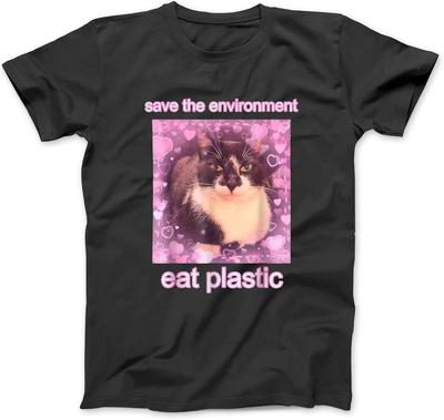 Rettet die Umwelt Iss Plastik Lustiges Süßes Katzen-Meme T-Shirt Sweatshirt Hoodie für Männer Frauen Kinder Hergestellt in Kanada Schwarz