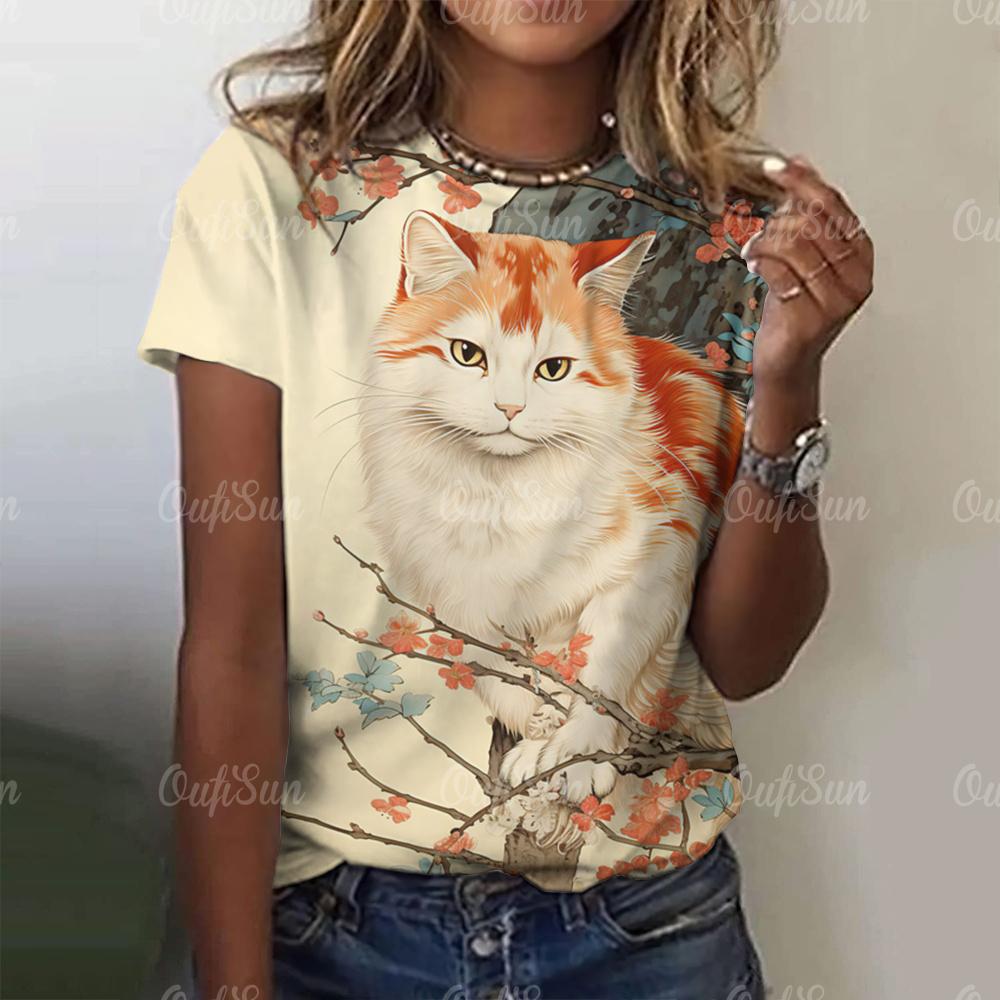Top Women Fashion Woman Blouse 2024 3d Japanese Style Cat Print T-Shirts O-Neck Short Sleeve Tees Female Clothing Y2k T Shirts