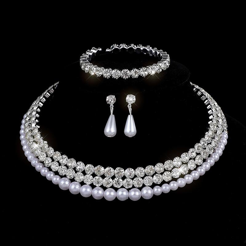 Bridal Pearl Full Diamond Necklace Necklace Diamond Imitation Pearl Bracelet Earrings Necklace Set Women