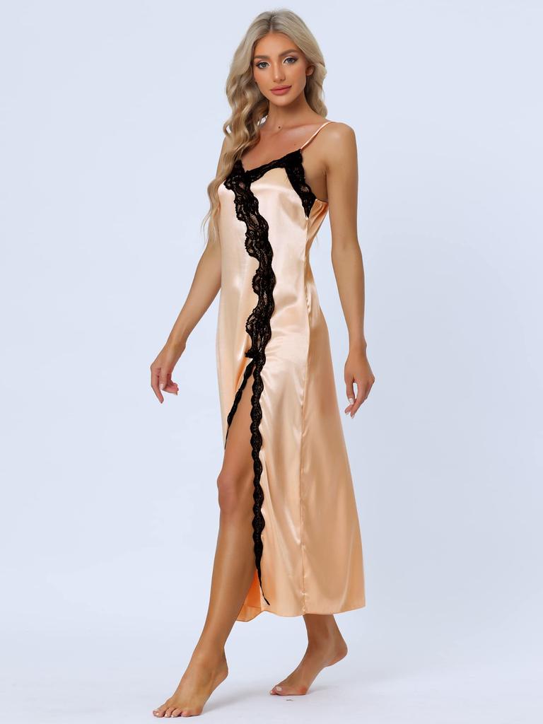 Cheibear Long Lace Cami Satin Maxi XL Women's Pajamas, Nightgown, Dress, Dress, Champagne,