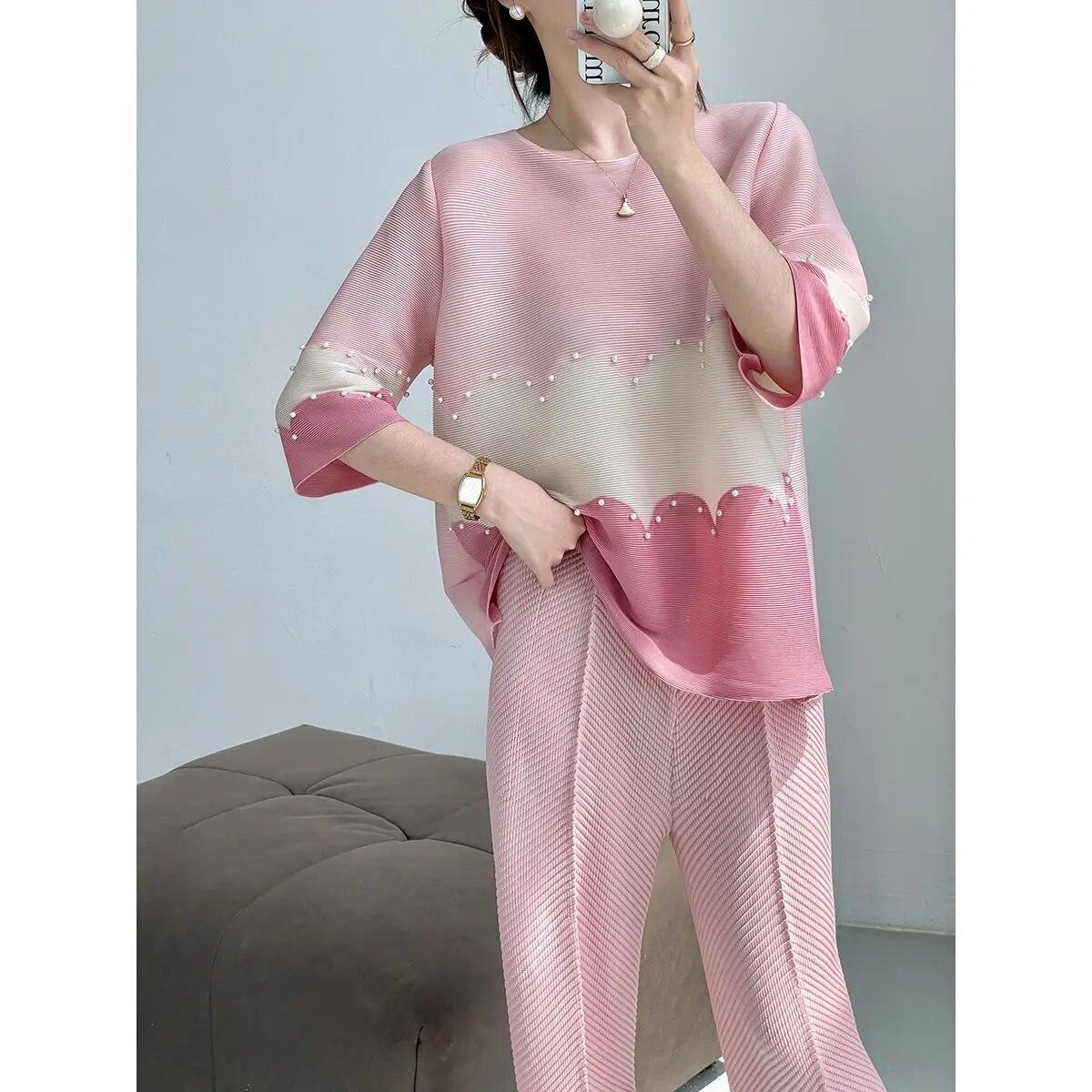 Морщинистый летний новый свободный топ с круглым вырезом и цветными блоками — фото 4