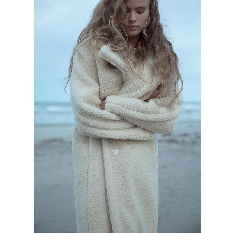 Fall and Winter New Women's Clothing Idle Style Heattech Lapel Long Sleeves Fleece Long Overcoat Outerwear 1255856