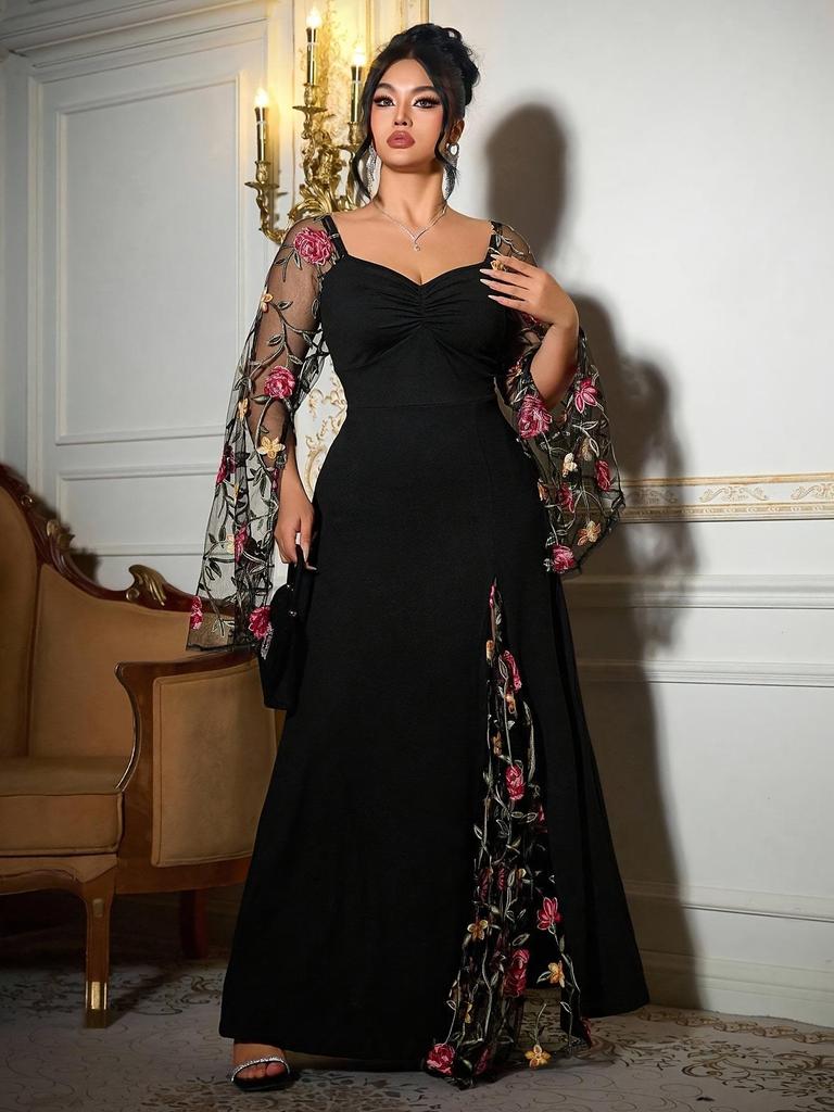 Elegante Plus Size Geborduurde Mesh Jurk voor Feesten - Lente, Herfst, Nieuwjaar, Valentijnsdag