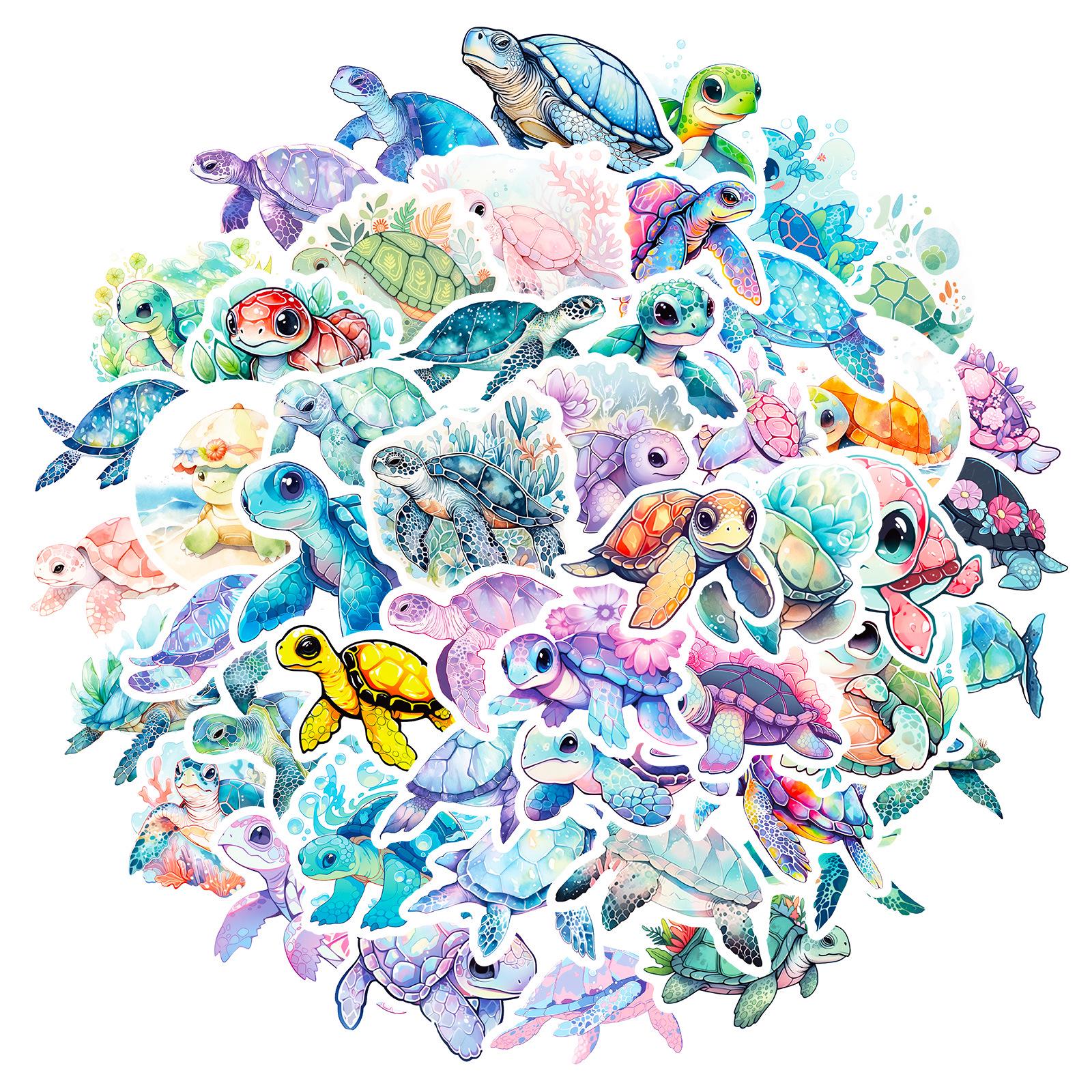 50 Blue Sea Turtle Cartoon Stickers - Colorful Ocean Baby Turtle Graffiti for DIY Skateboards (50 Sheets)