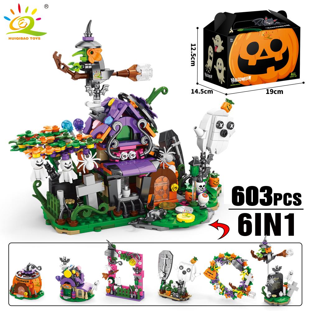 Ungiftige Halloween Modellbausteine Stadt Kürbis Geist Haus Zug Waggon Moc Steine Set Spielzeug Für Kinder Heimdekoration Geschenk