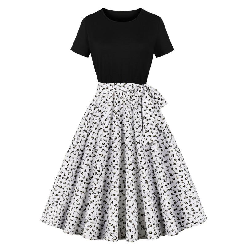 

Summer New Retro Women s Crew Neck Short Sleeve Black Patchwork Printing Pendulum Dress L