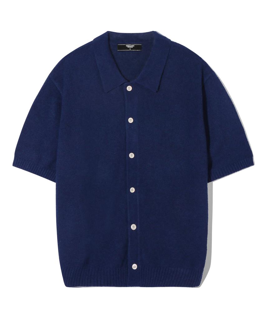 TRILLION Washable Boucle Collar Short Sleeve Knit (Current Navy)