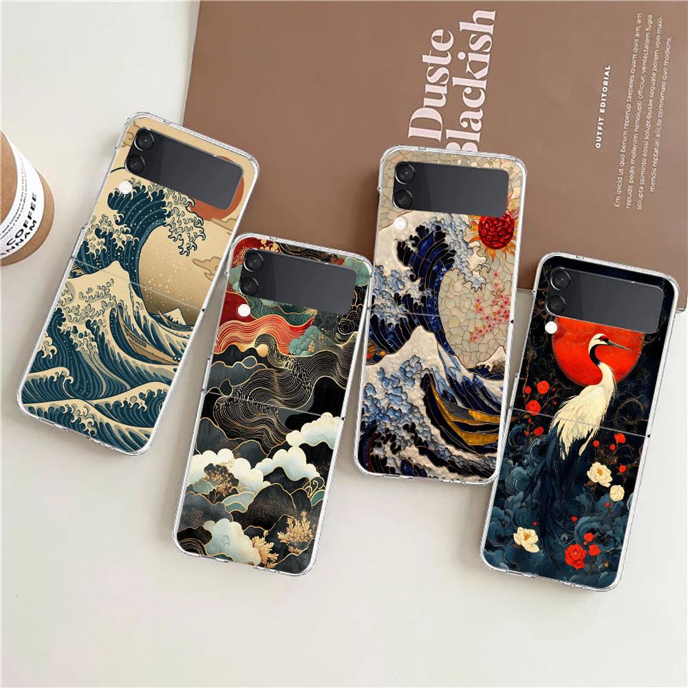 Transparent Phone Case For Samsung Galaxy Z Flip 3 4 5 6 7 Hard Folding PC Z Flip3 Flip4 Cover Japanese Style Art Japan