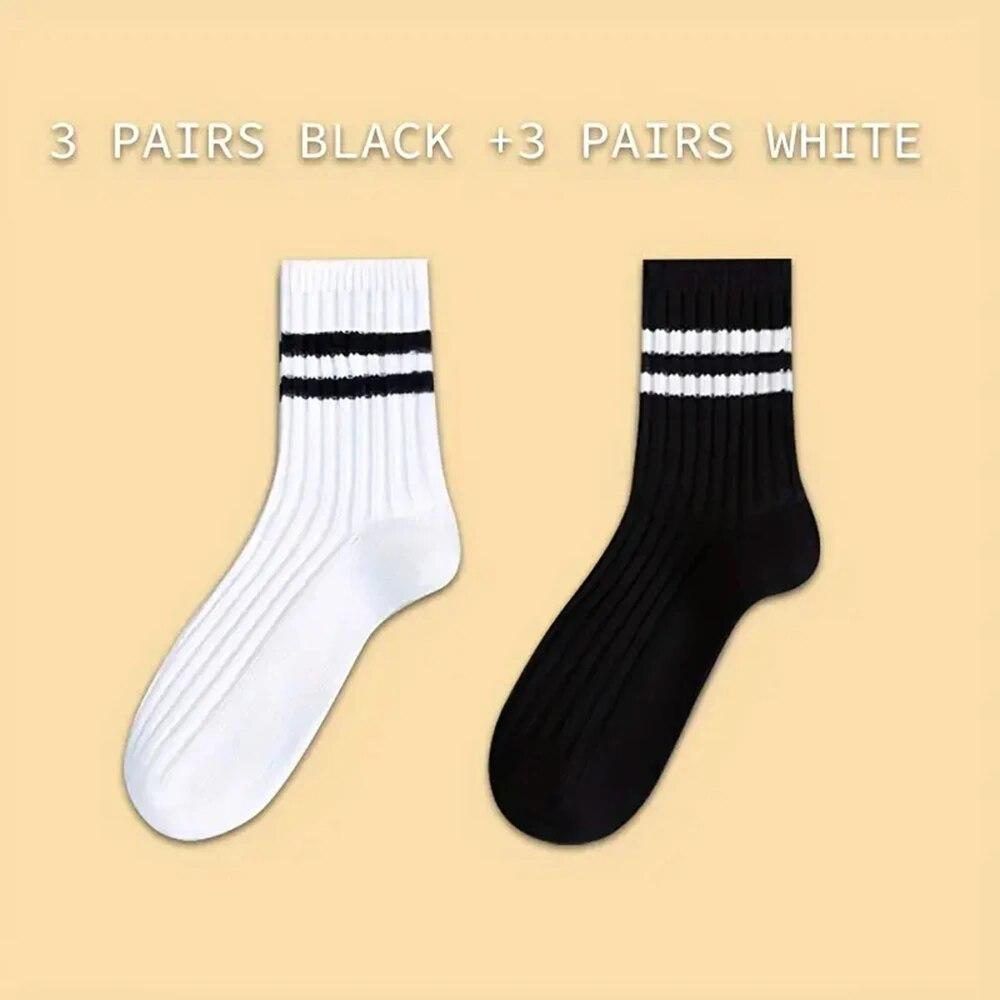 6 Pairs Men's Socks Spring Autumn Simple Casual Black White Striped Socks Breathable Mid Tube Sock High-quality Round Neck Socks