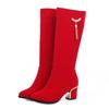 Botas altas hasta la rodilla para mujer, zapatos de tacón bajo informales de lujo, a la moda, para fiesta, color negro y rojo, para otoño e invierno