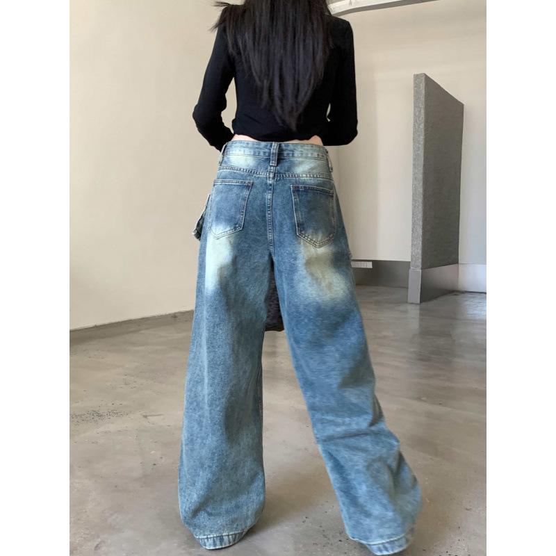 Women's Retro Two-Piece Look Hem Jeans: Loose, Straight-Leg Wide Pants