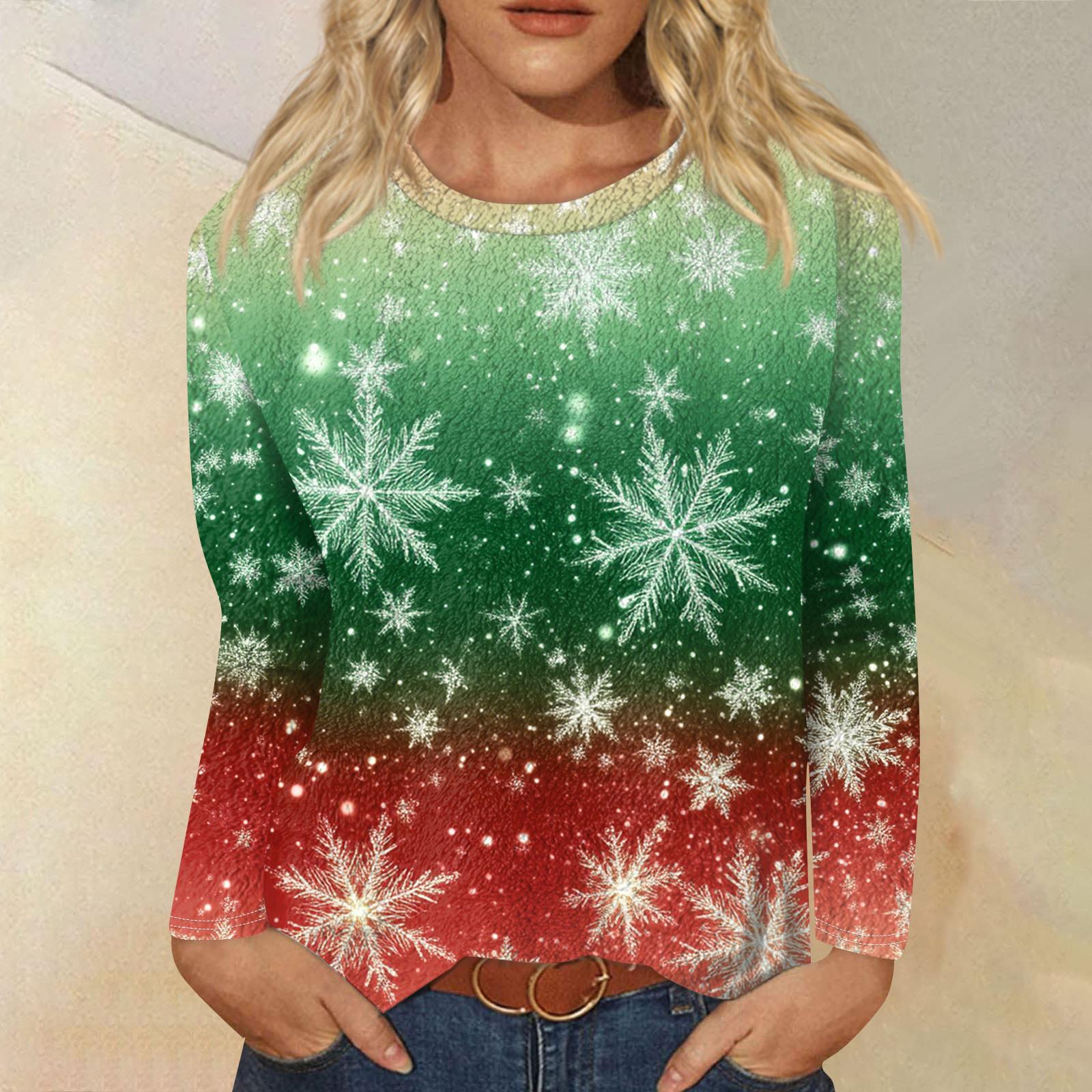 

Женская модная повседневная фланелевая футболка с длинным рукавом и круглым вырезом с рождественским принтом XXL зелёный