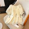 Short-sleeved Shirt Women Summer Loose Thin Flowers Printed Round Neck Tie Blouse Top