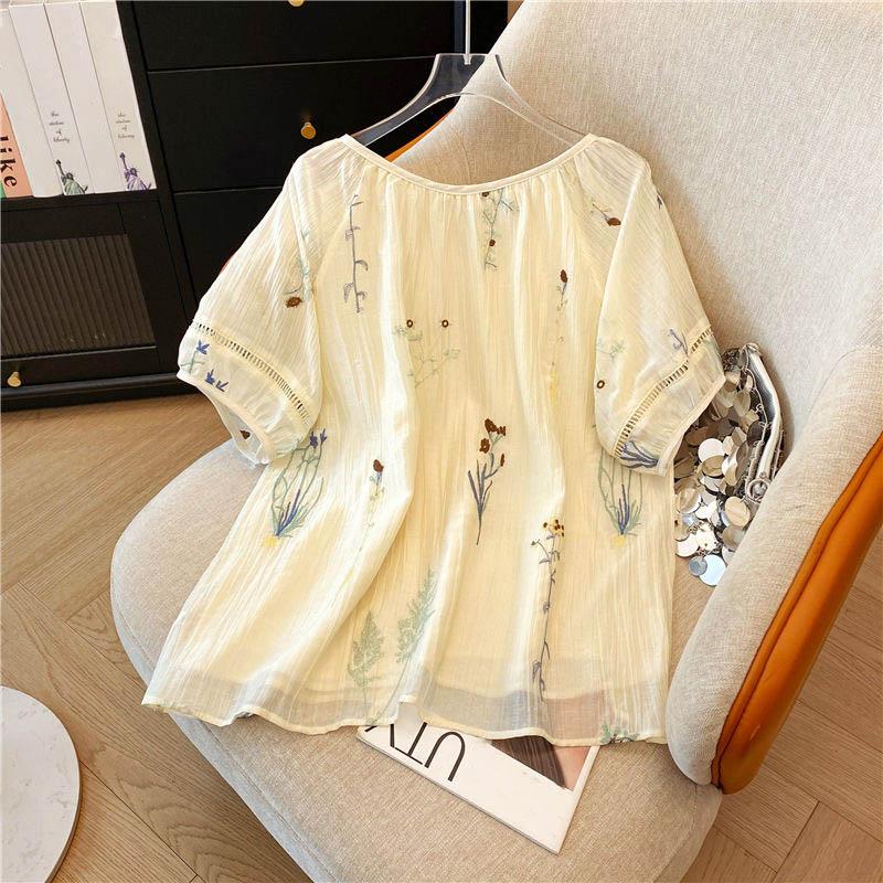 Short-sleeved Shirt Women Summer Loose Thin Flowers Printed Round Neck Tie Blouse Top