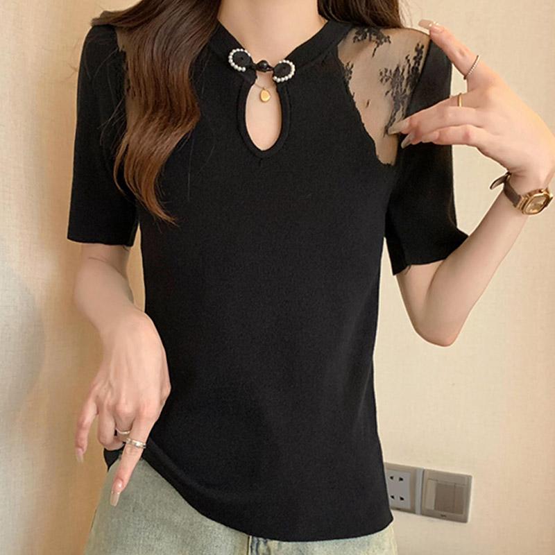 Women Sweaters Pullovers 2025 Summer Short Sleeve Stand Collar Black Knitted Sweater Women Tops Pullover JJ270