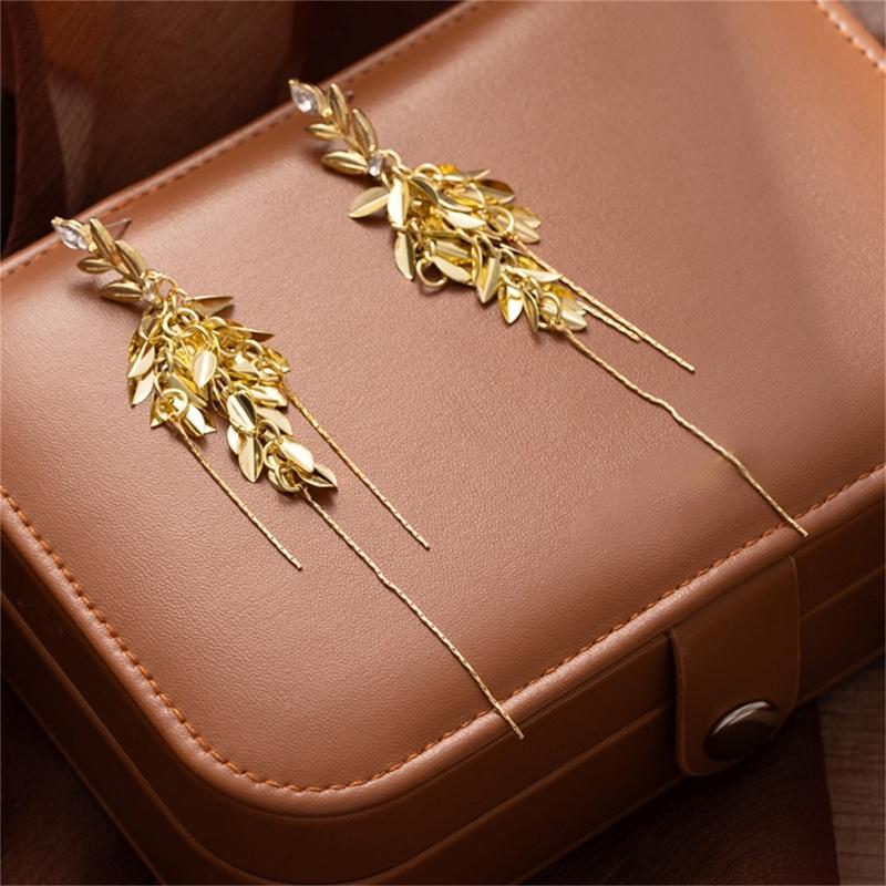 Elegant Crystals Encrusted Alloy Wheat Drop Earrings with Tassels Designs for Women