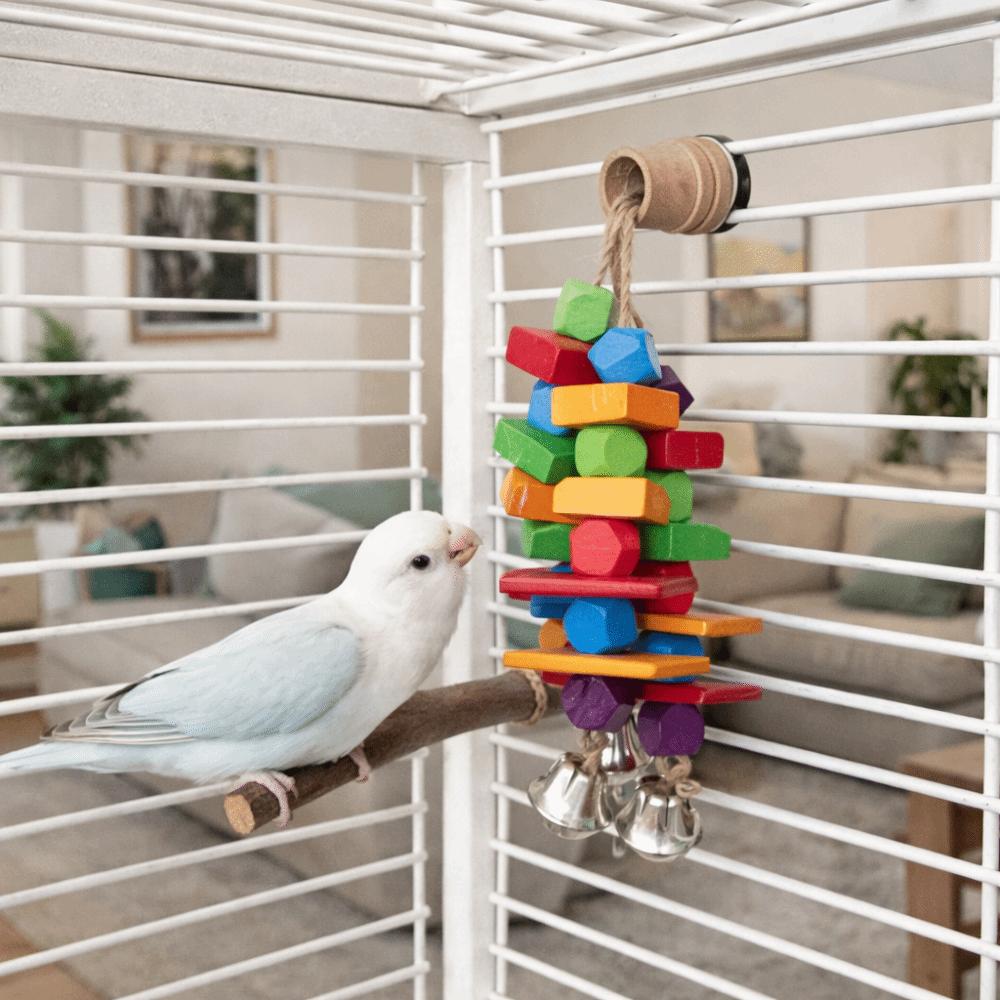 Multi Colored Parrot Chew Toys Bite Resistant Hanging Rainbow Bite String Blocks with Bells Parrot Standing Branches Training