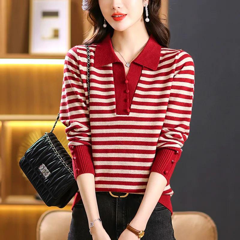 Stylish Women's Lapel Knit Sweater - Spring/Autumn Short Pullover for Middle-aged