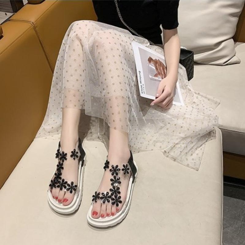 

Летние женские сандалии из ПВХ с кристаллами и цветочным декором, элегантная модная женская обувь на массивном каблуке с открытым носком и эластичной лентой сзади 40