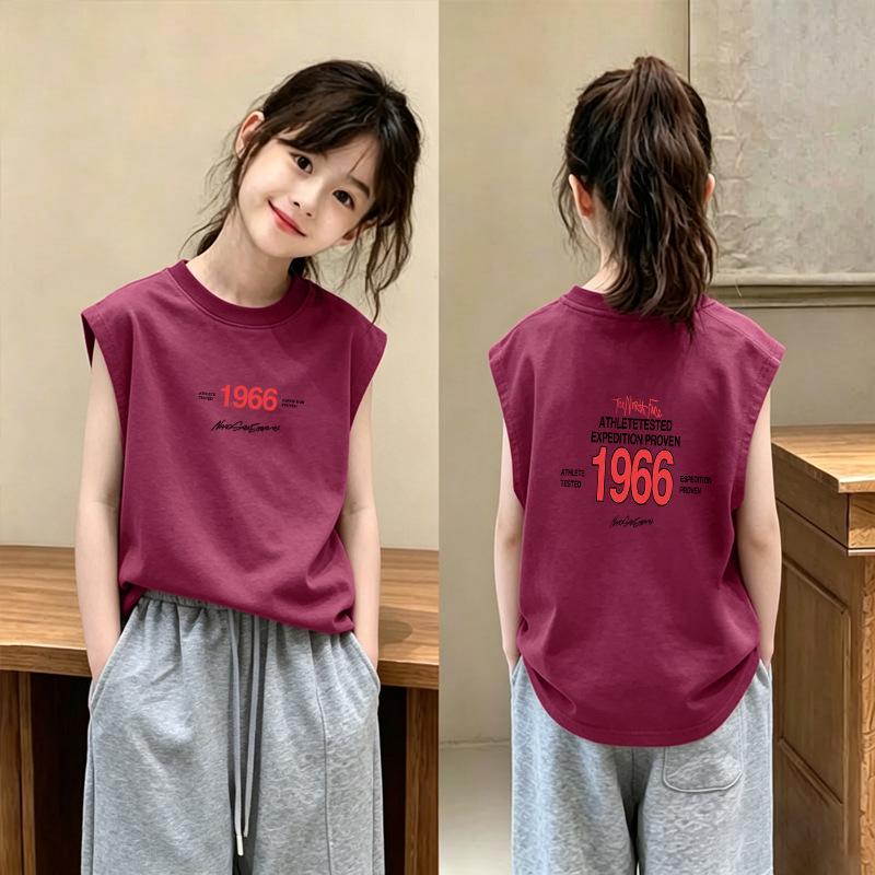Korean Style Girls' Pure Cotton Sleeveless Vest - Summer 2026 Collection, Medium & Large Children's Loose Round Neck T-shirt