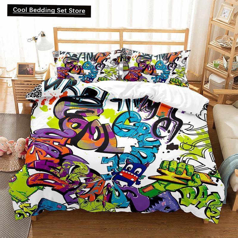 Hippie Graffiti Duvet Cover Set King Queen Size for Kids Boys Youth Polyester Comforter Cover Modern Street Art Bedspread Cover