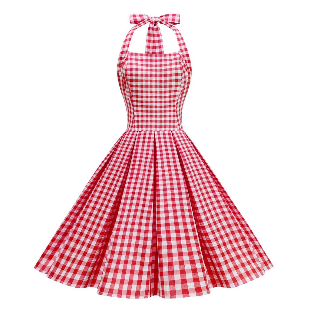 Checked, off-the-shoulder, figure-hugging, edgy, backless, sexy, pleated, vintage halter-neck dress