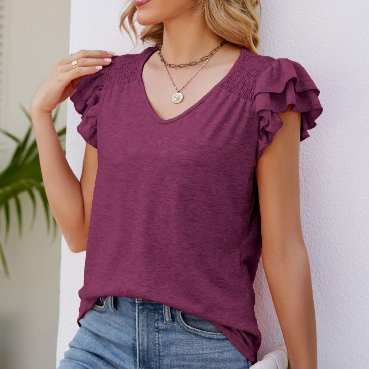 

GMXIA женские модные повседневные летние весенние однотонные свободные блузки и рубашки с короткими рукавами и v-образным вырезом с принтом XL фиолетовый