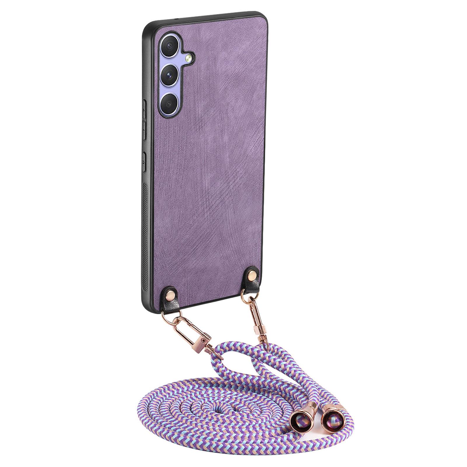 

Чехол для Samsung Galaxy A56 5G с ретро-текстурой, покрытый кожей, PC+TPU чехол для телефона со шнурком для подвешивания Purple